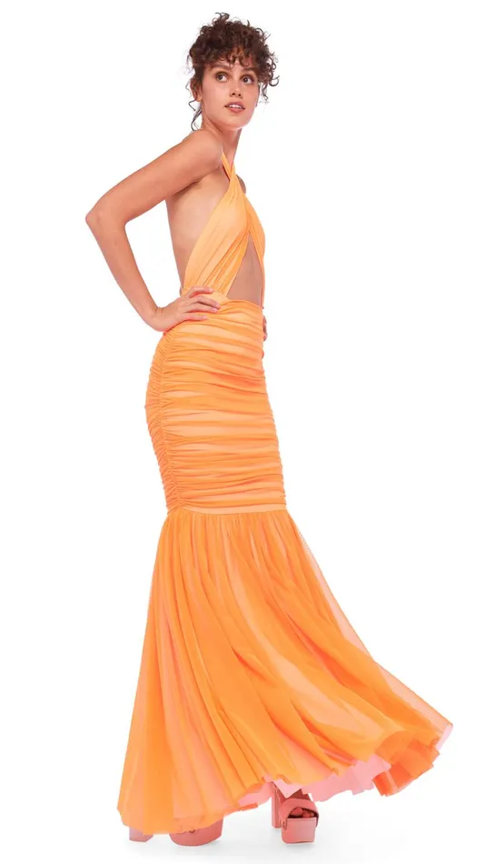 Norma Kamali Dresses CROSS HALTER FISHTAIL GOWN Neon Orange 8211 Clothing