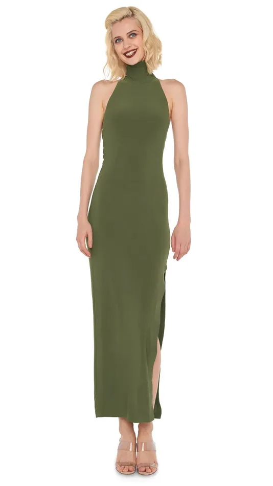 Norma Kamali Dresses HALTER TURTLE SIDE SLIT GOWN Military 8211 Clothing