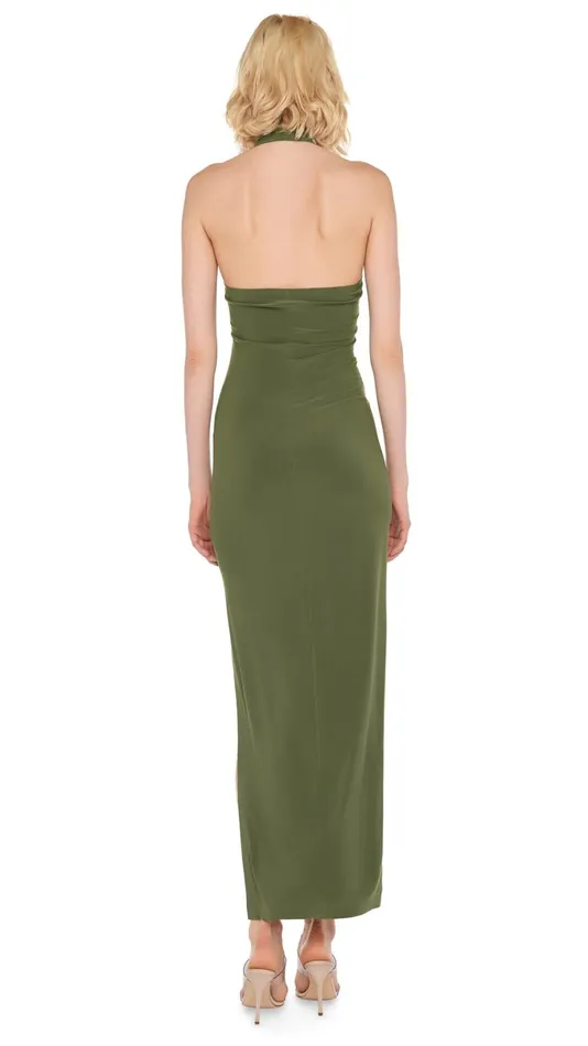 Norma Kamali Dresses HALTER TURTLE SIDE SLIT GOWN Military 8211 Clothing