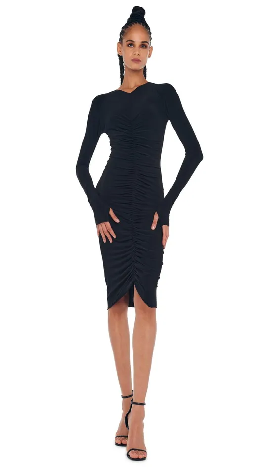 Norma Kamali Dresses LS V NECK SHIRRED FRONT DRESS Black 8211 Clothing