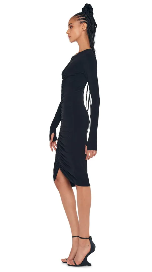 Norma Kamali Dresses LS V NECK SHIRRED FRONT DRESS Black 8211 Clothing