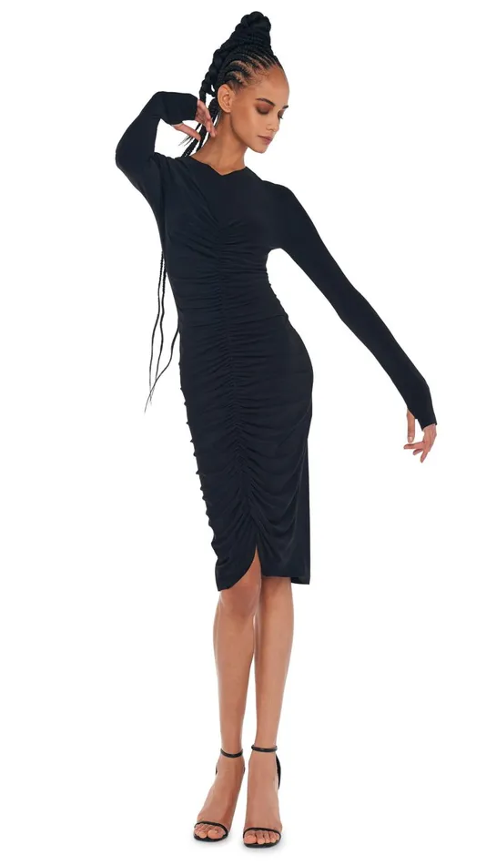 Norma Kamali Dresses LS V NECK SHIRRED FRONT DRESS Black 8211 Clothing