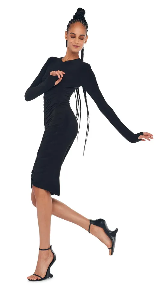 Norma Kamali Dresses LS V NECK SHIRRED FRONT DRESS Black 8211 Clothing