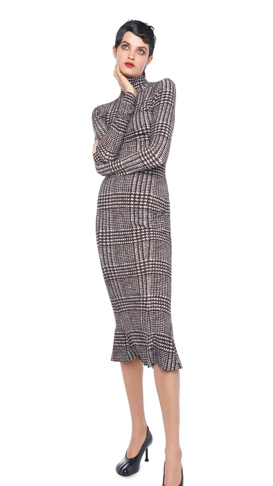 Norma Kamali Dresses TURTLE FISHTAIL DRESS Chocolate Glenn Plaid Tweed 8211 Clothing Norma Kamali Dresses TURTLE FISHTAIL DRESS Chocolate Glenn Plaid Tweed 8211 Clothing