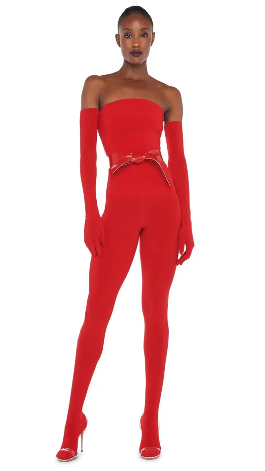 Norma Kamali Jumpsuits STRAPLESS CATSUIT W FOOTSIE Tiger Red 8211 Clothing