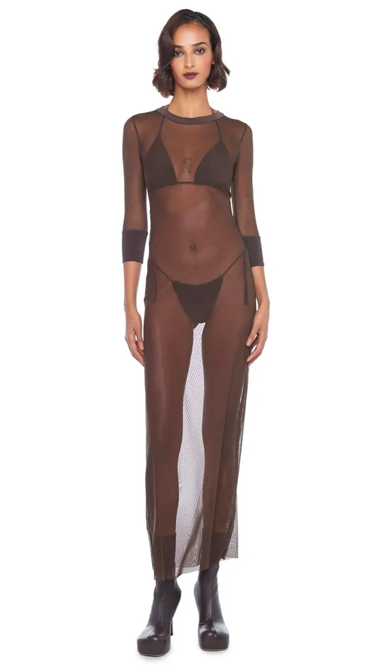 Norma Kamali Swimwear CREWNECK 34 SLEEVE LONG DRESS Chocolate 8211 Clothing