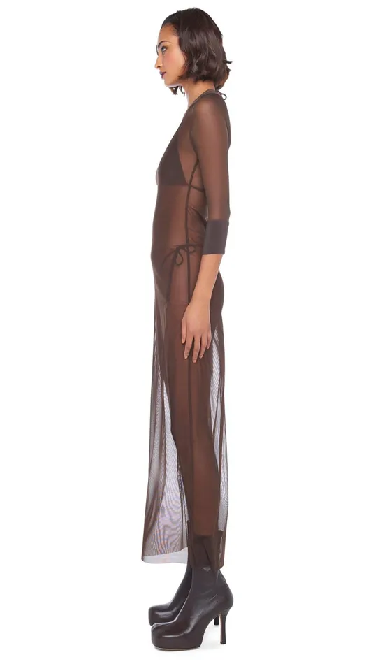 Norma Kamali Swimwear CREWNECK 34 SLEEVE LONG DRESS Chocolate 8211 Clothing
