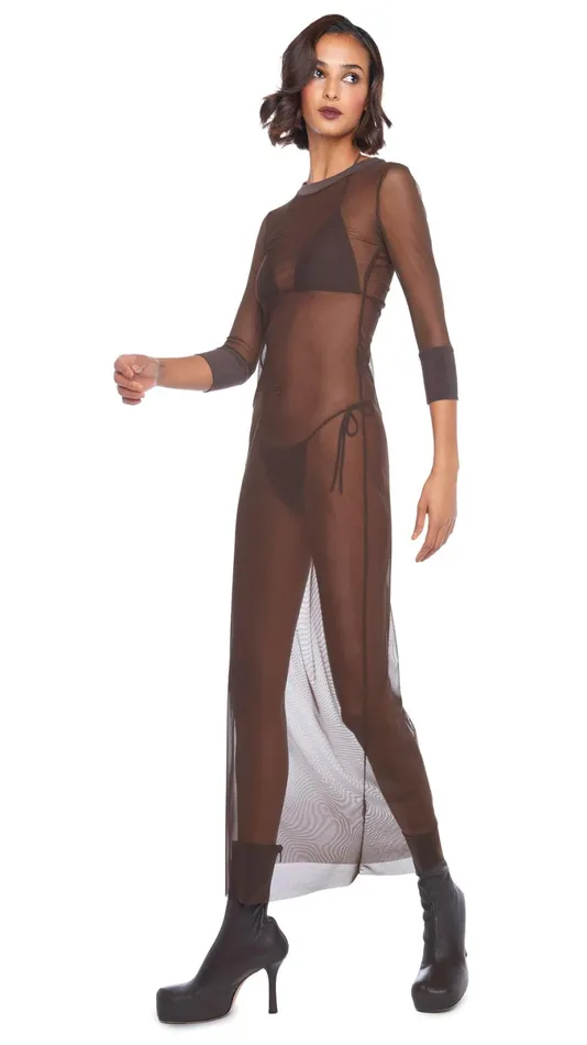 Norma Kamali Swimwear CREWNECK 34 SLEEVE LONG DRESS Chocolate 8211 Clothing