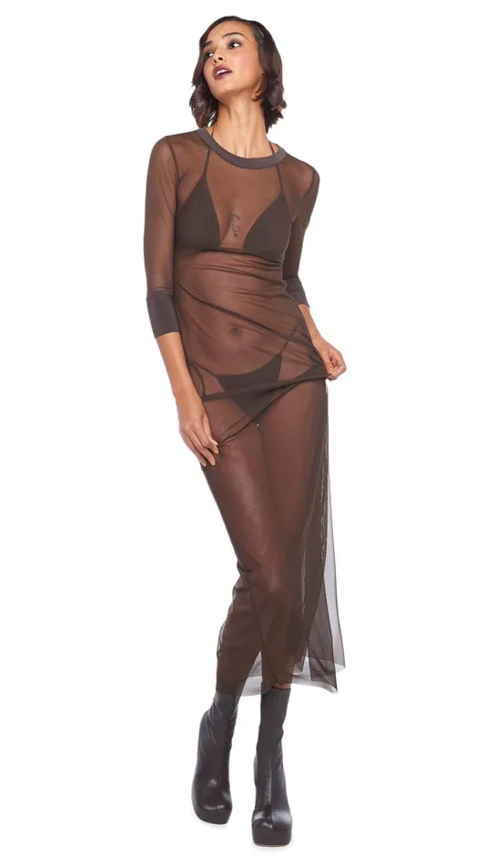 Norma Kamali Swimwear CREWNECK 34 SLEEVE LONG DRESS Chocolate 8211 Clothing