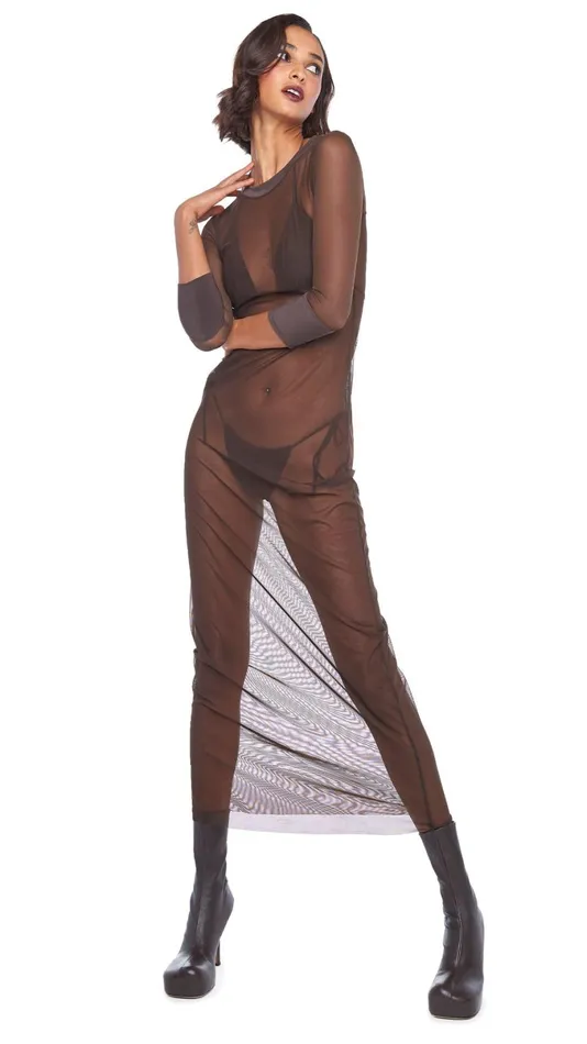 Norma Kamali Swimwear CREWNECK 34 SLEEVE LONG DRESS Chocolate 8211 Clothing
