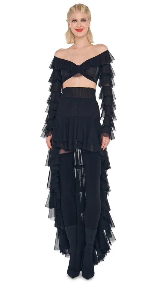 Norma Kamali Tops CROPPED RUFFLE TOP Black 8211 Clothing