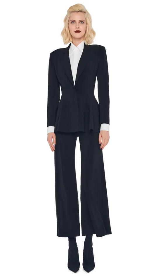 Norma Kamali Wardrobe SHORT STRAIGHT LEG PANT With SINGLE BREASTED PEPLUM JACKET 8211 Clothing Norma Kamali Wardrobe SHORT STRAIGHT LEG PANT With SINGLE BREASTED PEPLUM JACKET 8211 Clothing