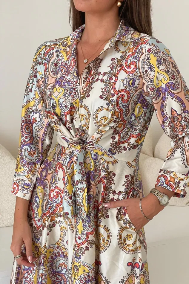 Odette Red Paisley Print Tie Front Shirt Dress Women Girl In Mind Shirt Dresses