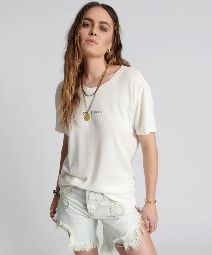 ONE TEASPOON LINEN WIDE NECK TEE WHITE Women One Teaspoon Tees and Tanks
