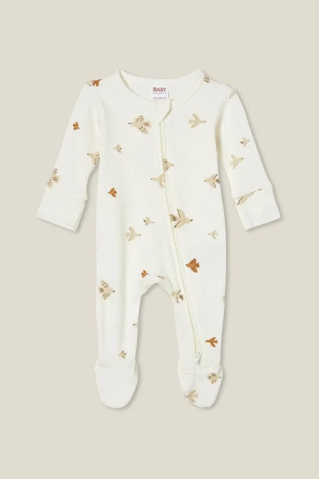 Organic Pointelle Zip All In One Romper Milkflying Doves Baby Cotton On Rompers and Bubbysuits Organic Pointelle Zip All In One Romper Milkflying Doves Baby Cotton On Rompers and Bubbysuits