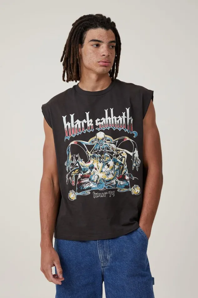 Oversized License Muscle Lcn Bra Washed Black Black Sabbath 8211 74 Men Cotton On Tees and Tanks