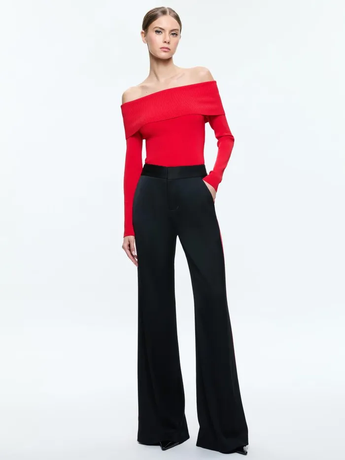 Pants Women Alice Olivia DYLAN HIGH RISE WIDE LEG PANT WITH RACING STRIPE DETAIL Blackbright Ruby