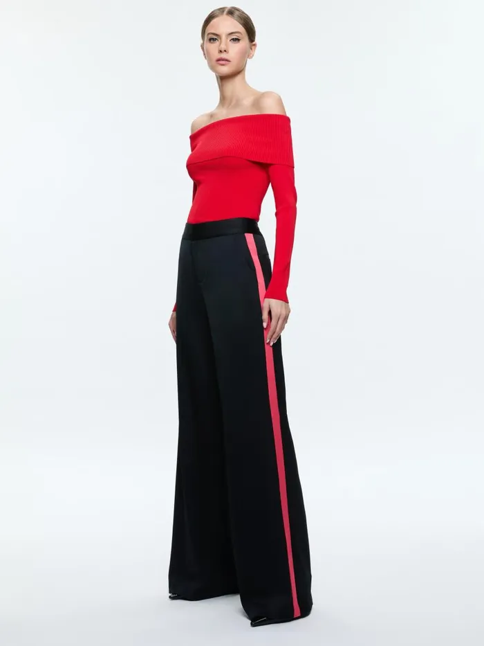 Pants Women Alice Olivia DYLAN HIGH RISE WIDE LEG PANT WITH RACING STRIPE DETAIL Blackbright Ruby