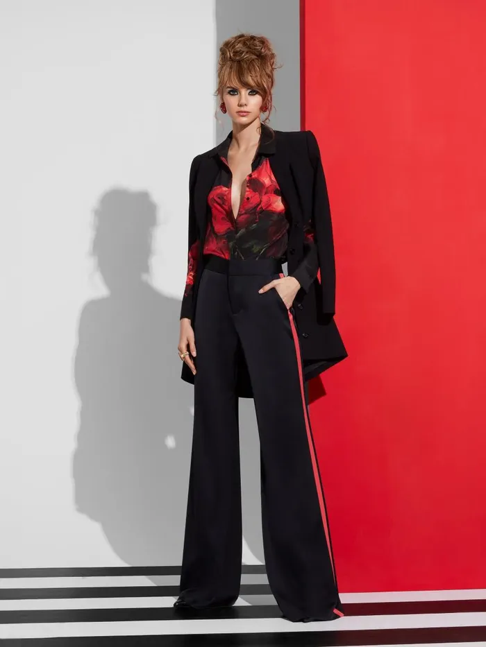 Pants Women Alice Olivia DYLAN HIGH RISE WIDE LEG PANT WITH RACING STRIPE DETAIL Blackbright Ruby