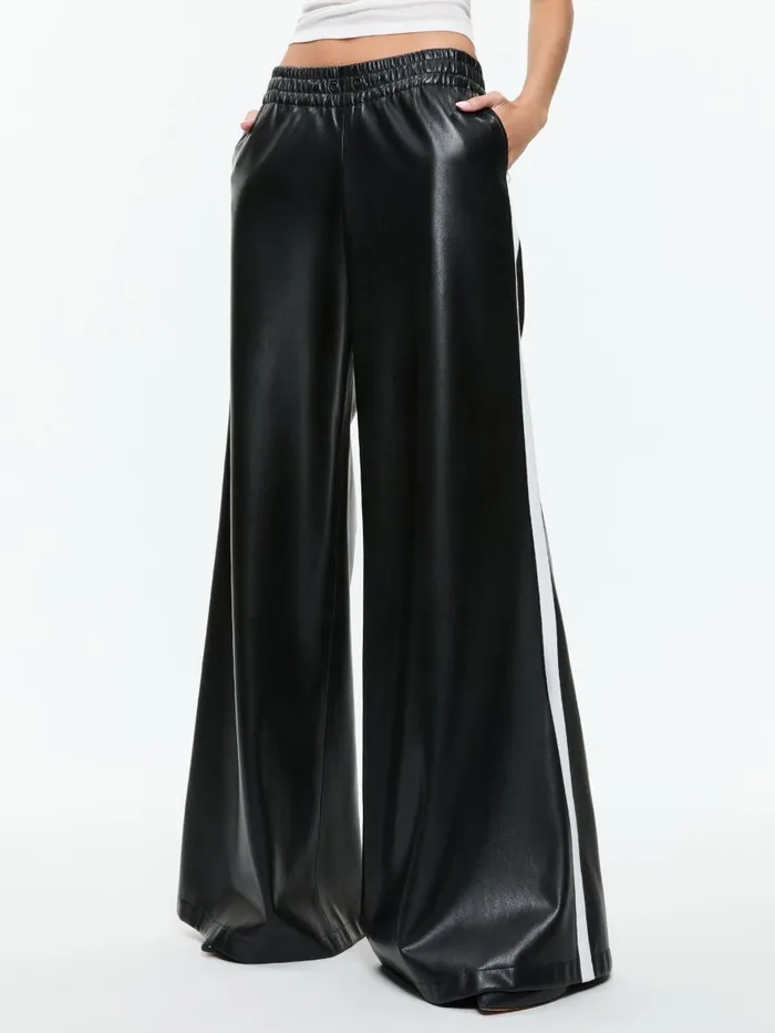 Pants Women Alice Olivia ELBA VEGAN LEATHER LOW RISE PANT WITH RACING STRIPE Black Pants Women Alice Olivia ELBA VEGAN LEATHER LOW RISE PANT WITH RACING STRIPE Black