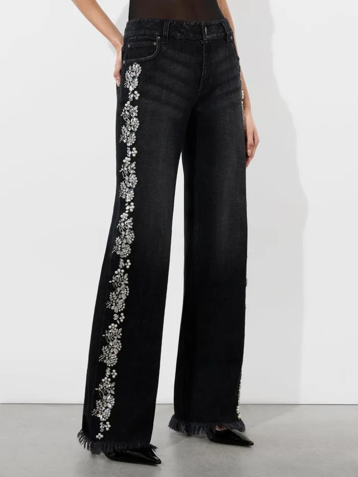Pants Women Alice Olivia ROXIE EMBELLISHED LOW RISE STRAIGHT FLARE JEAN Georgia Vintage Black