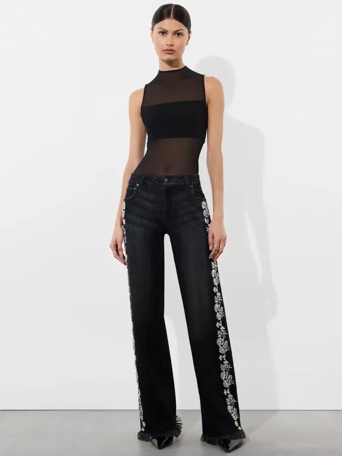 Pants Women Alice Olivia ROXIE EMBELLISHED LOW RISE STRAIGHT FLARE JEAN Georgia Vintage Black