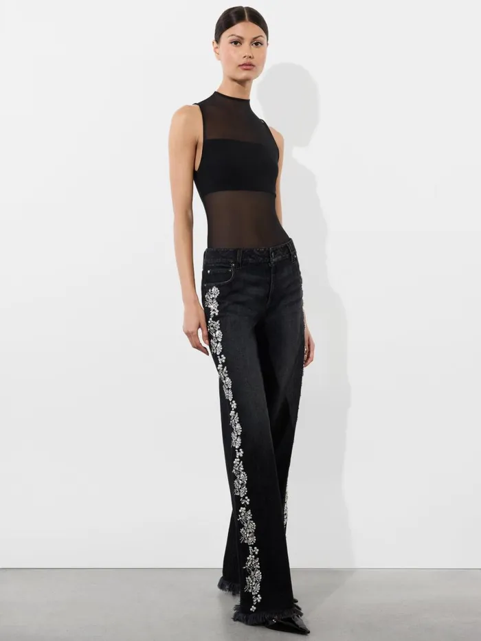 Pants Women Alice Olivia ROXIE EMBELLISHED LOW RISE STRAIGHT FLARE JEAN Georgia Vintage Black