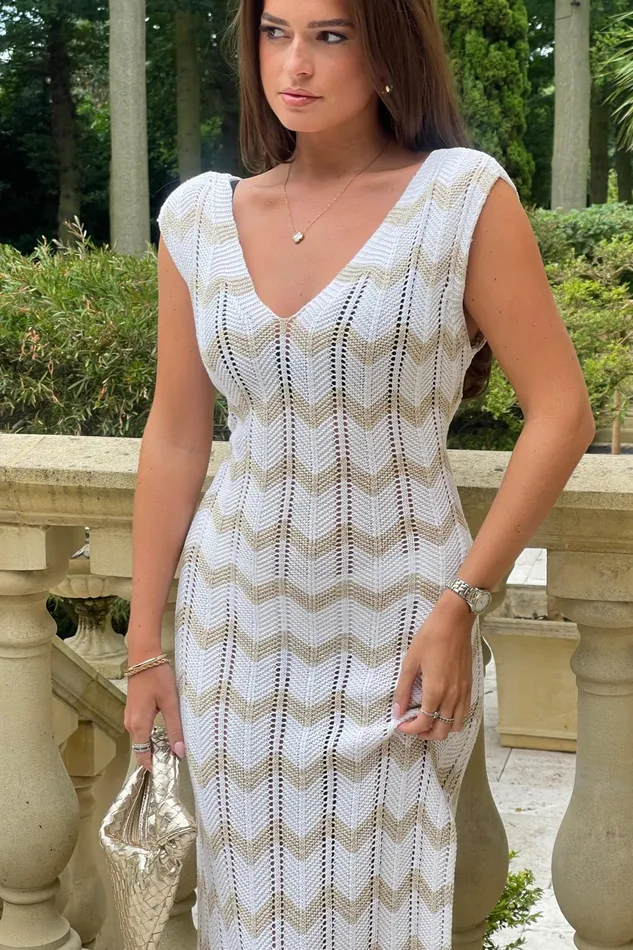 Perla Gold Crochet Chevron V Neck Maxi Dress Women Girl In Mind Knitwear