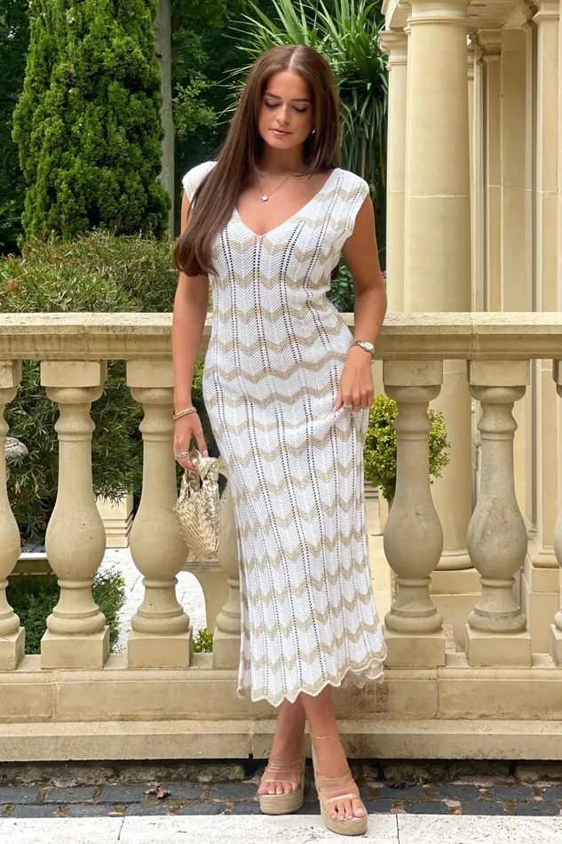 Perla Gold Crochet Chevron V Neck Maxi Dress Women Girl In Mind Knitwear