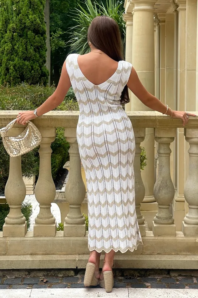 Perla Gold Crochet Chevron V Neck Maxi Dress Women Girl In Mind Knitwear