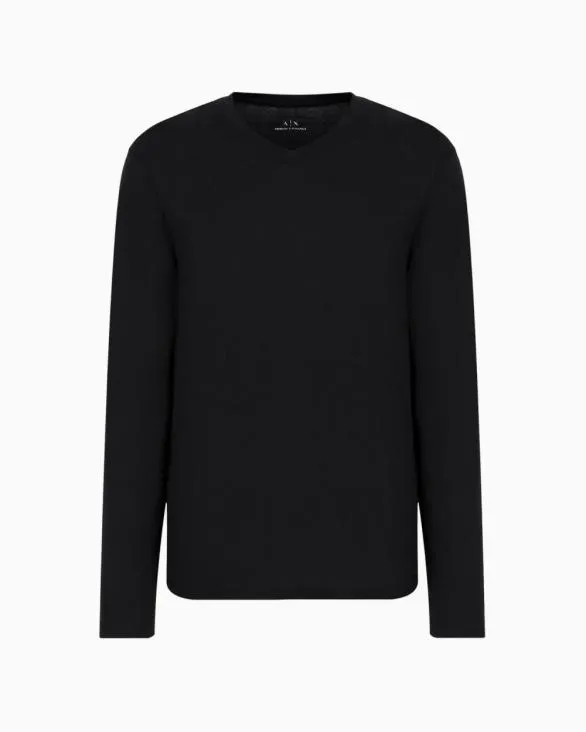 Pima Cotton Long Sleeve VNeck TShirt Black Men Armani Pima TShirts