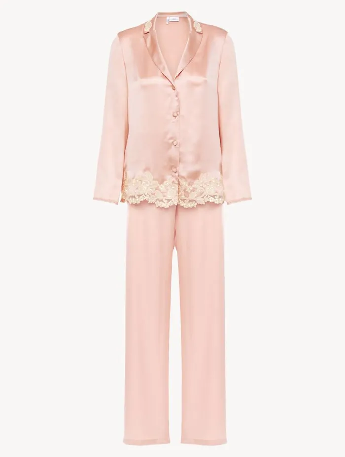 Pink Silk Long Pajamas With Frastaglio Sleepwear La Perla Pajamas