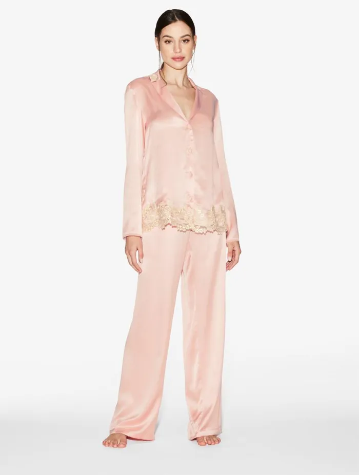 Pink Silk Long Pajamas With Frastaglio Sleepwear La Perla Pajamas