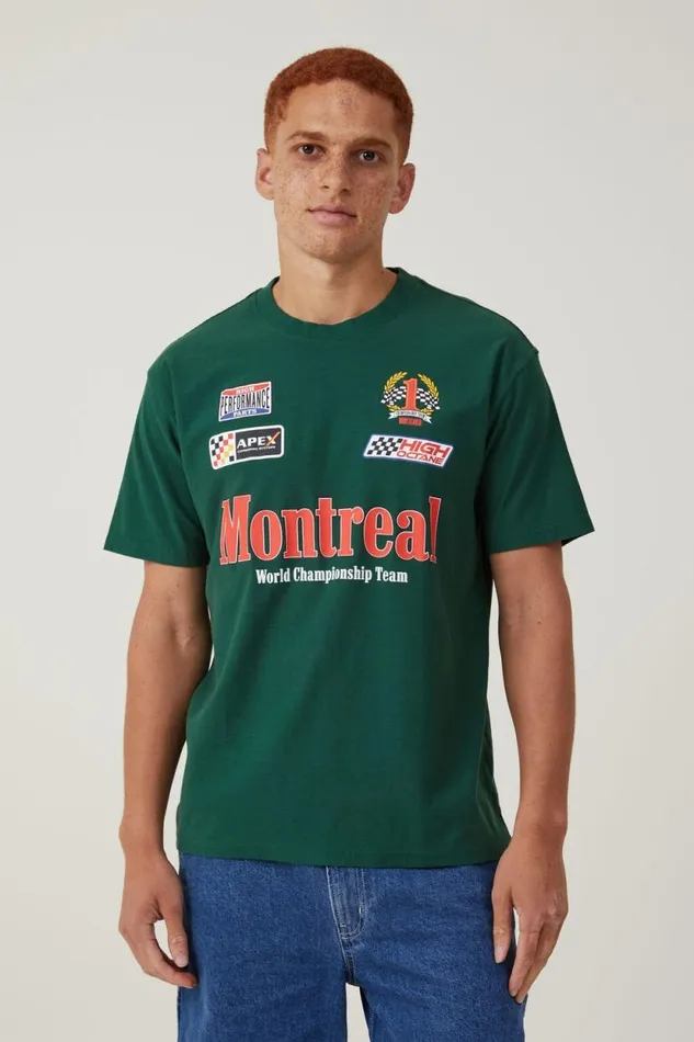 Pit Stop Loose Fit TShirt Racing Green Montreal Multi Logo Men Cotton On Tees and Tanks