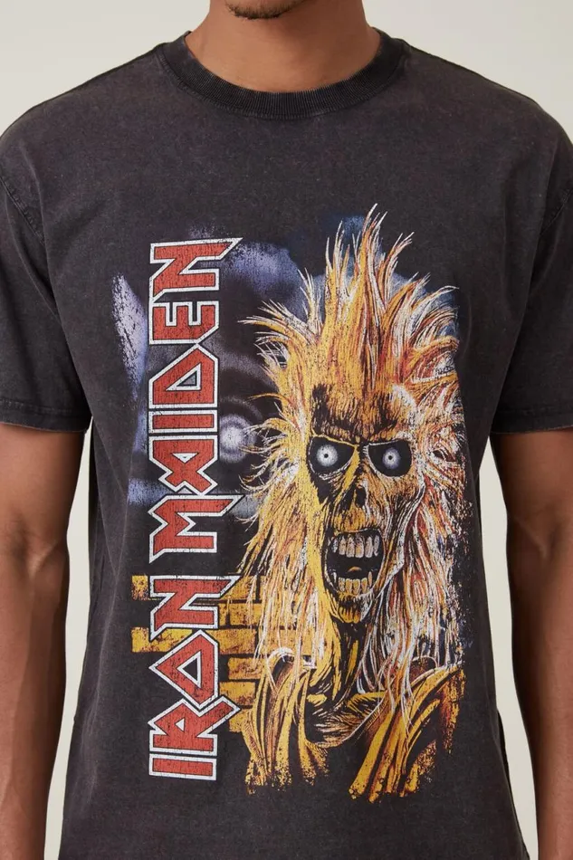 Premium Loose Fit Music TShirt Lcn Im Washed Blackiron Maiden 8211 Eddie Men Cotton On Tees and Tanks