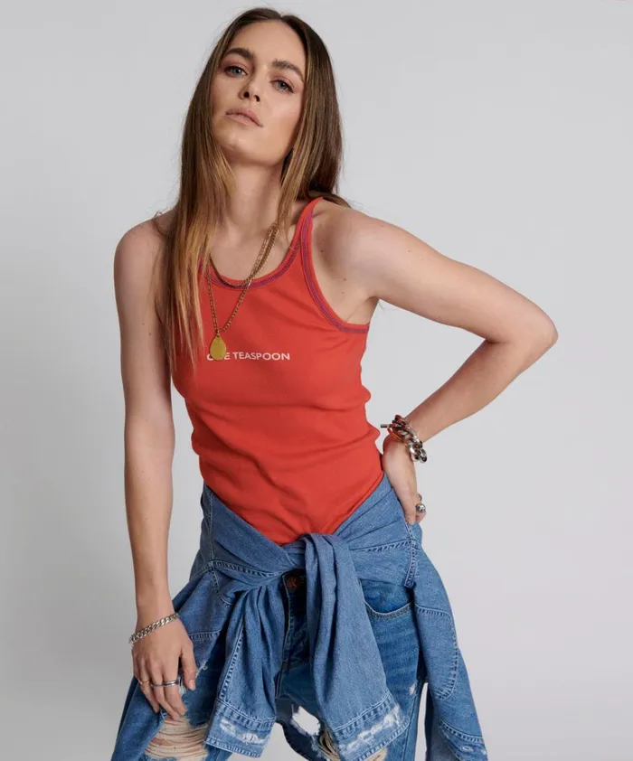 RED ONE TEASPOON LOGO SINGLET Women One Teaspoon Tees and Tanks