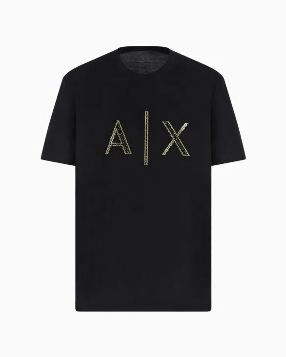 Regular Fit Tshirt With Rhinestone Logo Black Men Armani TShirts