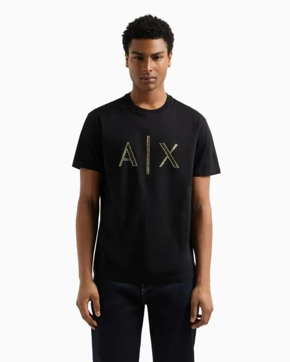 Regular Fit Tshirt With Rhinestone Logo Black Men Armani TShirts Regular Fit Tshirt With Rhinestone Logo Black Men Armani TShirts
