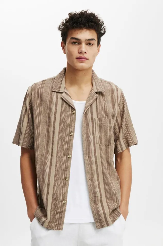 Riviera Short Sleeve Shirt Latte Stripe Men Cotton On Shirts and Polos