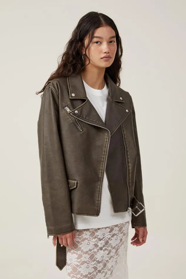 Roman Faux Leather Biker Jacket Washed Brown Women Cotton On Jackets