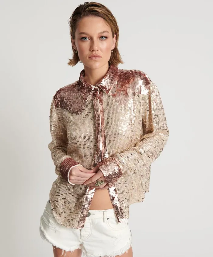 ROSE GOLD HAND SEQUIN WESTERN SHIRT Women One Teaspoon Shirts ROSE GOLD HAND SEQUIN WESTERN SHIRT Women One Teaspoon Shirts