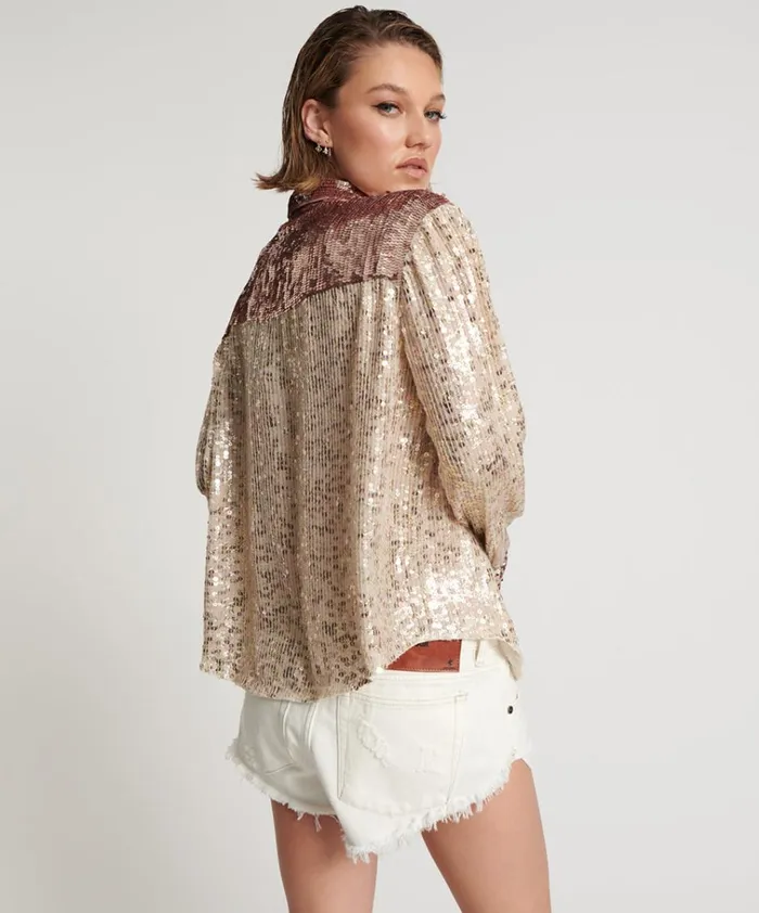ROSE GOLD HAND SEQUIN WESTERN SHIRT Women One Teaspoon Shirts ROSE GOLD HAND SEQUIN WESTERN SHIRT Women One Teaspoon Shirts