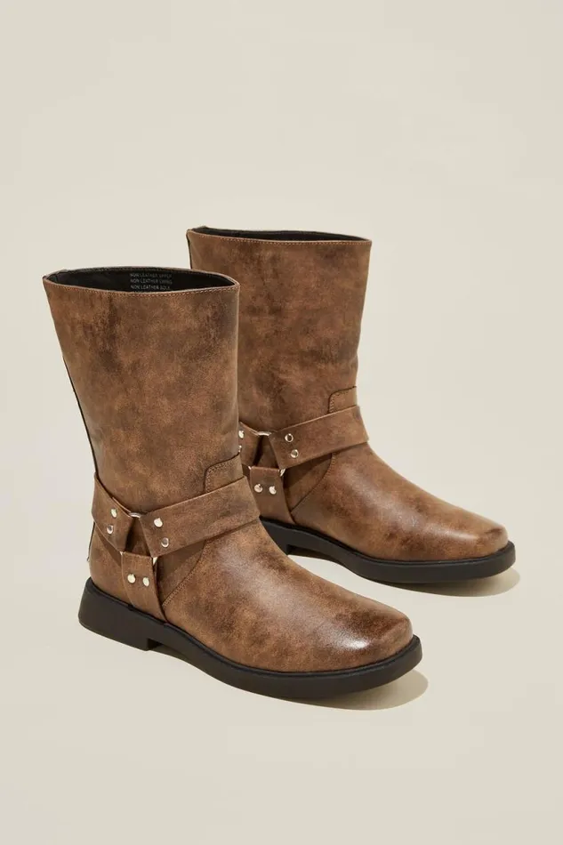 Ryder Biker Boot Brown Distressed Vegan Leather Women Cotton On Shoes and Slippers Ryder Biker Boot Brown Distressed Vegan Leather Women Cotton On Shoes and Slippers