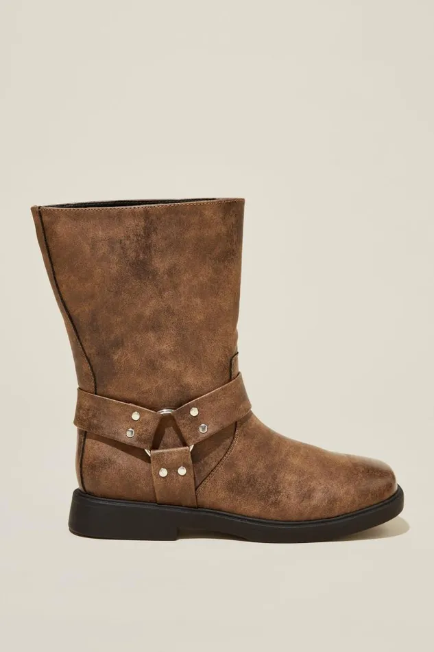 Ryder Biker Boot Brown Distressed Vegan Leather Women Cotton On Shoes and Slippers Ryder Biker Boot Brown Distressed Vegan Leather Women Cotton On Shoes and Slippers