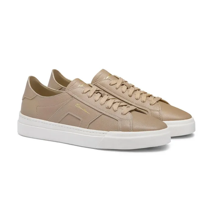 Santoni Beige Tumbled Leather Double Buckle Sneaker Men Sneakers