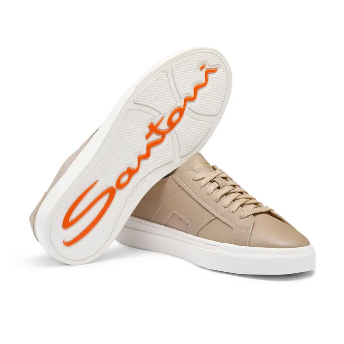 Santoni Beige Tumbled Leather Double Buckle Sneaker Men Sneakers
