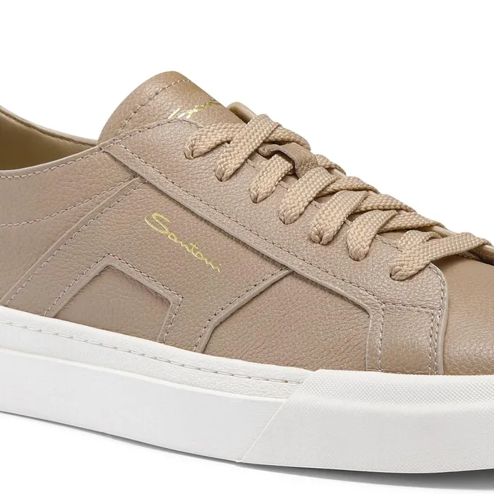 Santoni Beige Tumbled Leather Double Buckle Sneaker Men Sneakers