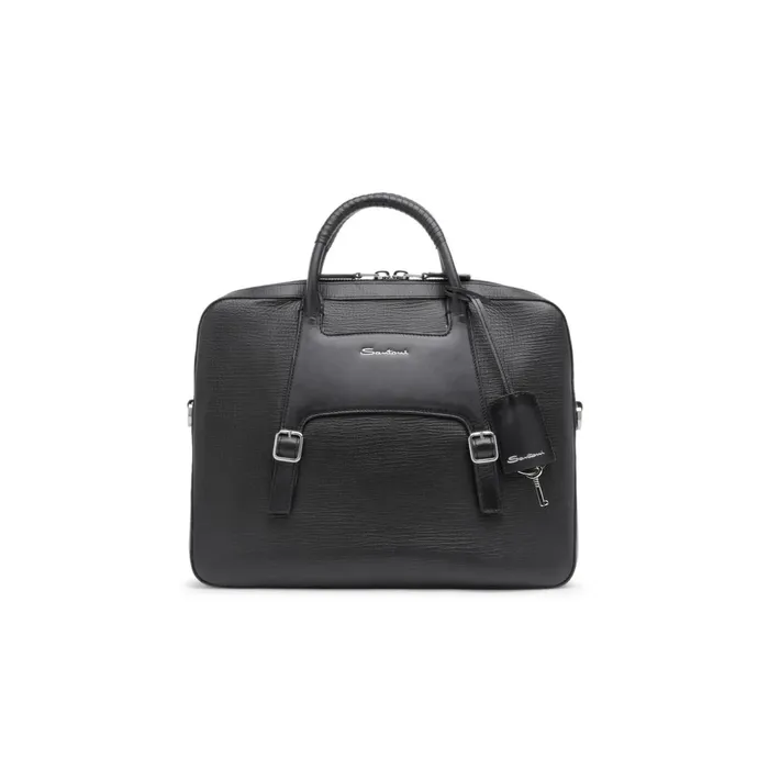Santoni Black Embossed Leather Briefcase Men Bags and Backpacks