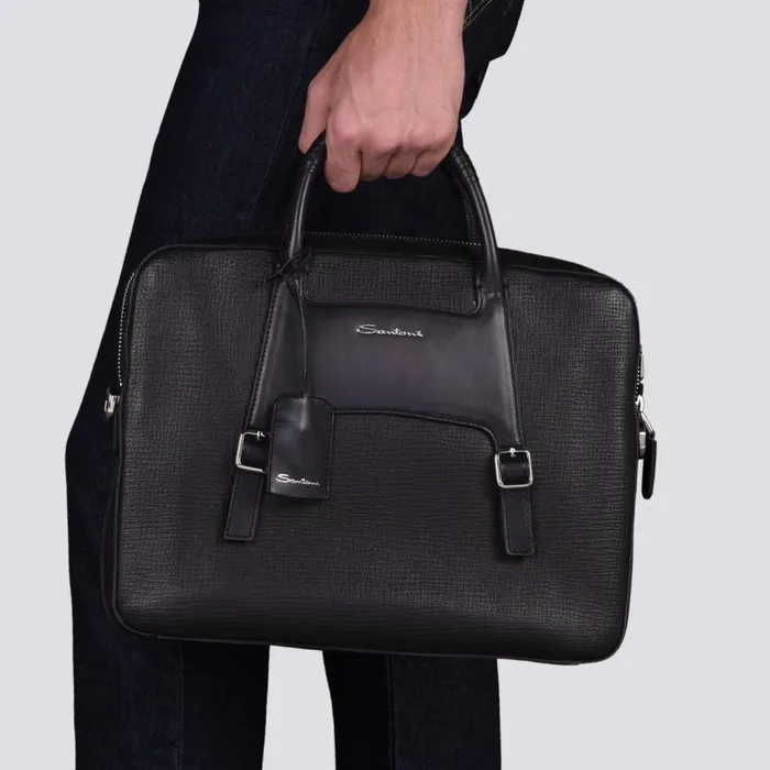 Santoni Black Embossed Leather Briefcase Men Bags and Backpacks