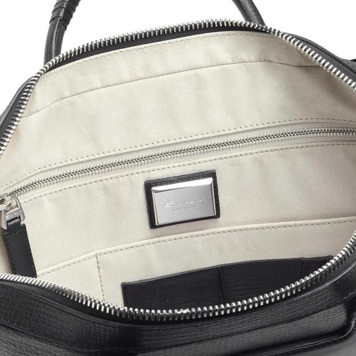 Santoni Black Embossed Leather Briefcase Men Bags and Backpacks